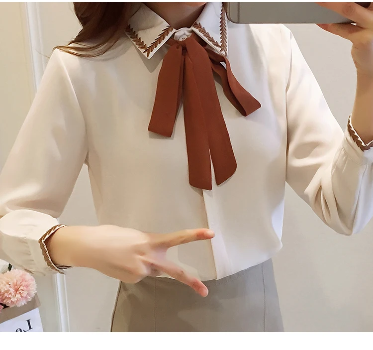 Кружевные с галстуком-бабочкой, вышивка листьев, блузки для женщин,, длинный рукав, шифон, Офисная Женская блузка, отложной воротник, Элегантные корейские Топы