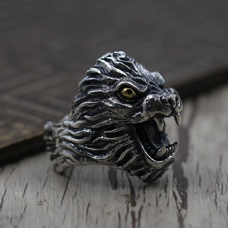 

S925 Sterling Silver Jewelry To Create Personalized Carved Lion Ring Retro Thai Silver Man Domineering Open Ended Ring