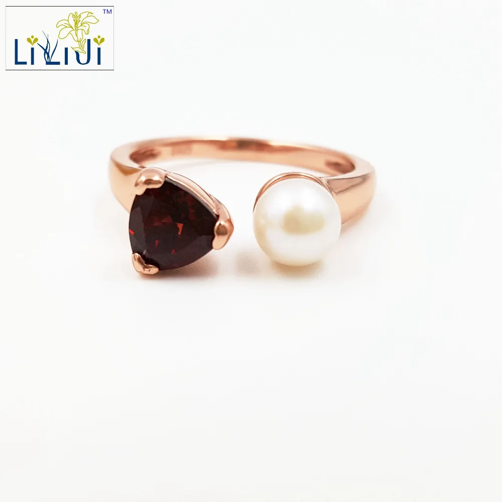 

Lii Ji Natural Stone Garnet Freshwater Pearl 925 Sterling silver Charm Wedding Party Ring