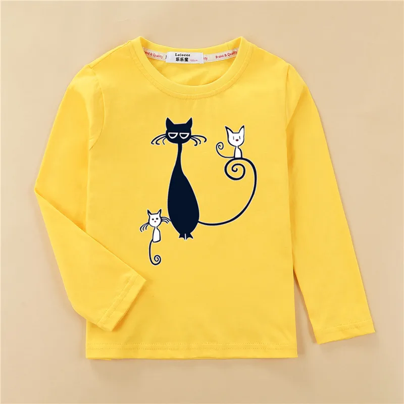 Футболки с принтом котенка; футболка для девочек; Модная одежда с длинными рукавами; топы для маленьких девочек с милым рисунком кота; детская футболка из чистого хлопка - Цвет: Yellow