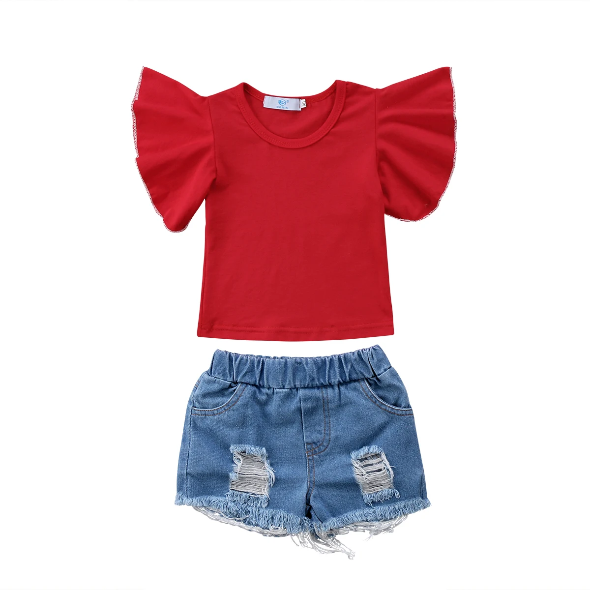 

Toddler Kids Baby Girls Ruffle Tops T-shirt Ripped Denim Shorts Outfit Clothes