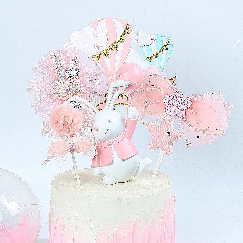 

5pcs Pink Rabbits Lace Flower Birthday Topper for Birthday Cake Deocration Cloth Stars Wedding Decor Baby Shower Sequin