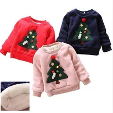 Зимний Детский Рождественский свитер для мальчиков и девочек, плотные бархатные свитшоты для малышей, Детские Теплые Топы с рождественской елкой для девочек