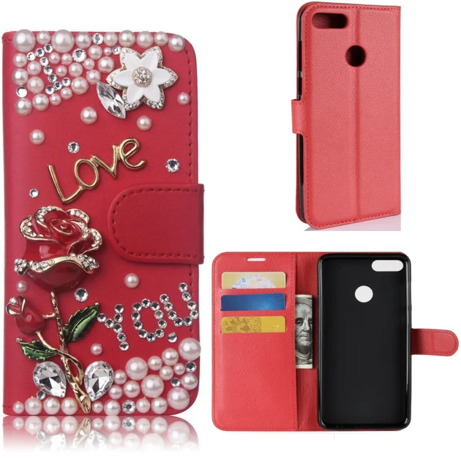 Jewelled Phone Cases For Huawei Y9 2018 Rhinestone Bling Flip PU Leather Stand Wallet Cover Enjoy 8 Plus | Мобильные телефоны и