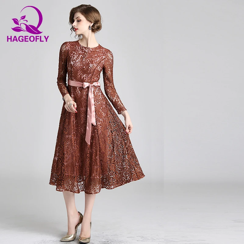HAGEOFLY Autumn New Long Sleeve Dress Brown Pleated A-line Lacing Big Size Vintage Lace Dress Vestidos Women's Clothing Dresses
