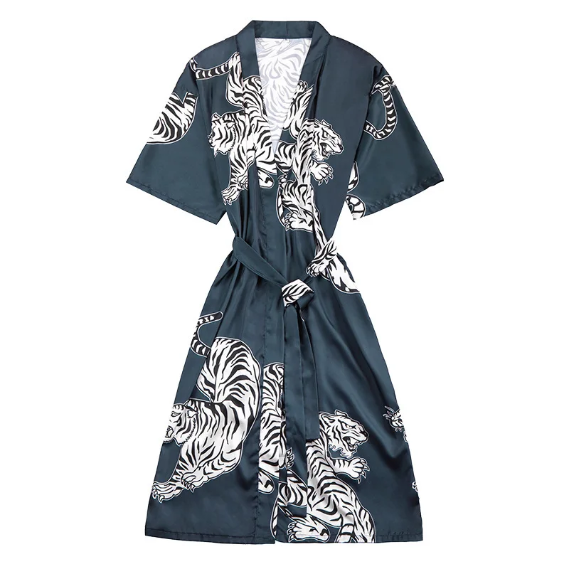 Мужской шелковый халат с принтом животных, длинный халат, летняя повседневная одежда для сна, кимоно с v-образным вырезом, Yukata, банное платье Ночная одежда, домашняя одежда, L, XL, XXL
