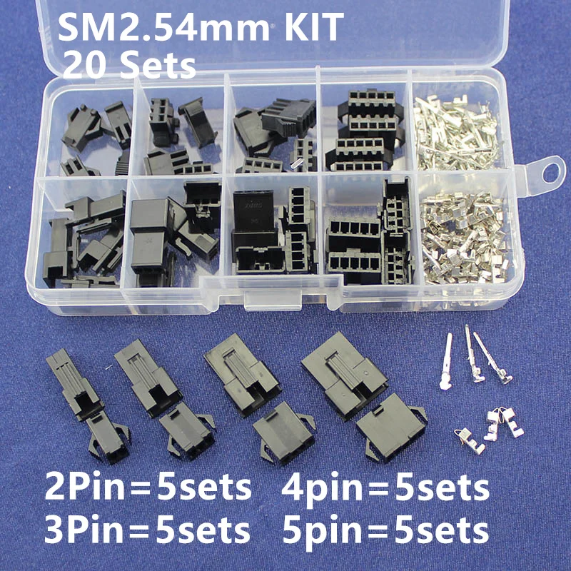 

SM2.54 Kits 20 sets Kit in box 2p 3p 4p 5p 2.54mm Pitch Female and Male Header Connectors Adaptor