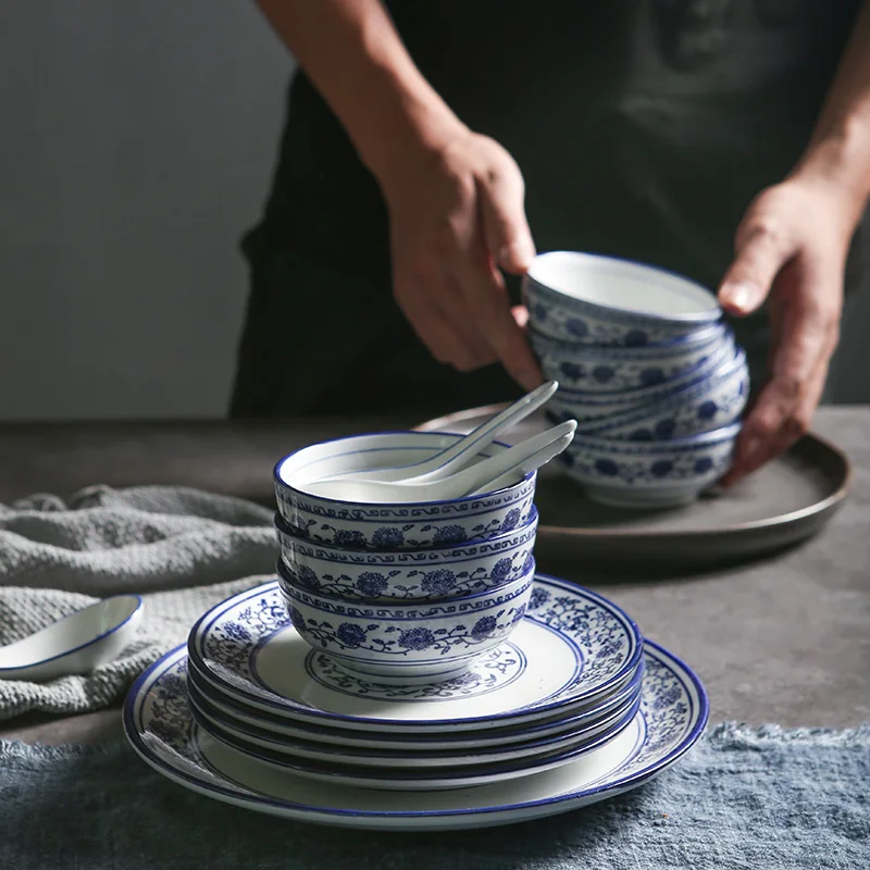 Китайский Синий и белый Фарфоровая керамика набор столовых приборов тарелка чашки набор фруктовые закуски подносы для десерта миска посуда кости