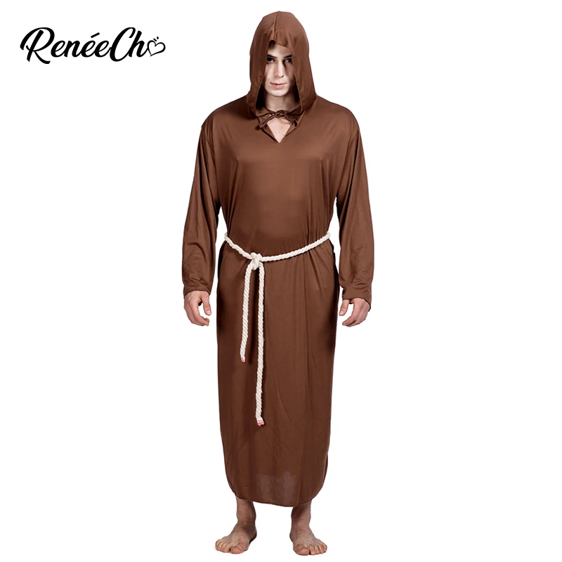 

Reneecho Men Costume Halloween Costume For Men Brown Monk Robe Costume Long Hooded Robe Adult Friar Tuck Cosplay