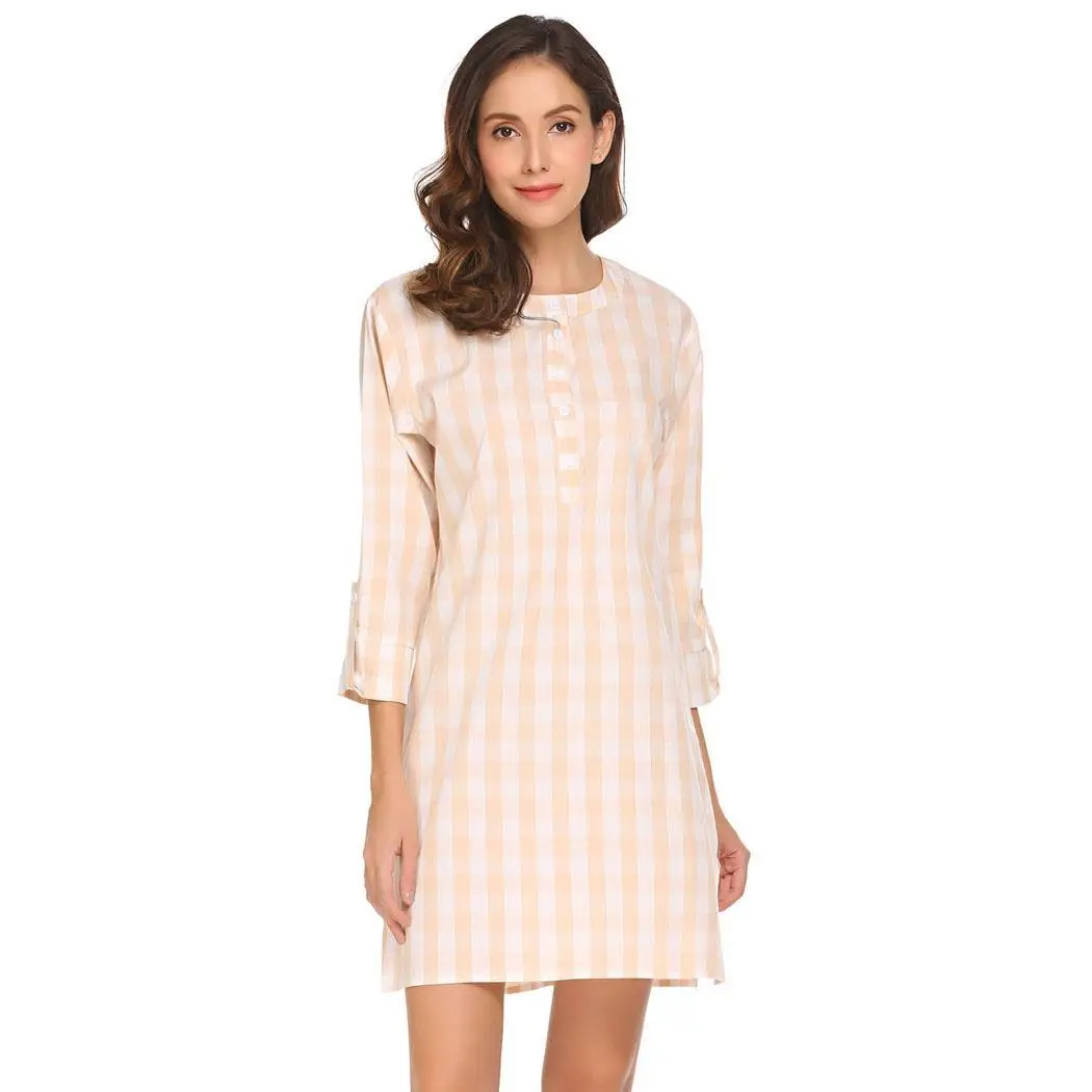 Ekouaer Nightgown Sleep Lounge Dress Women 3/4 Sleeve Plaid Sleepshirts