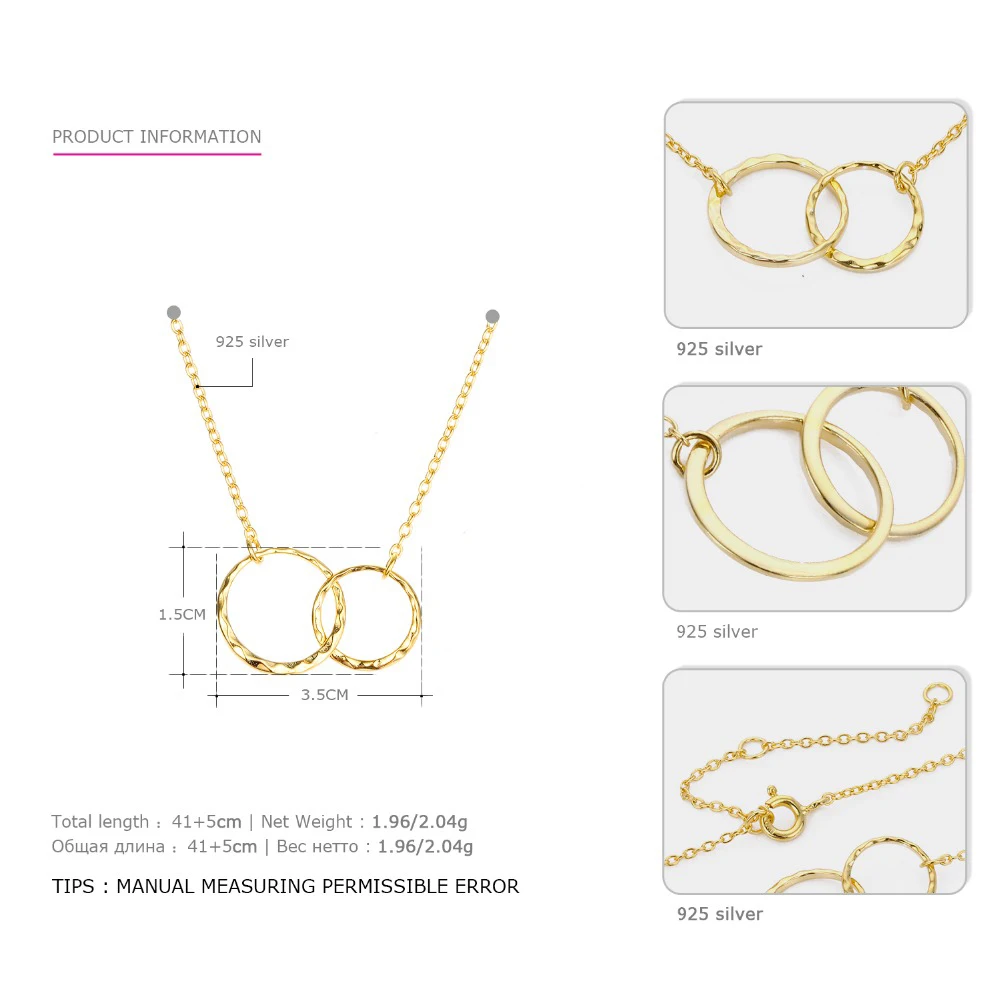 e-Manco Crossed Double Circle Necklace 925 Silver Simple Double Circle Gold Necklace Women Fine Jewelry Hoop Pendant Necklace
