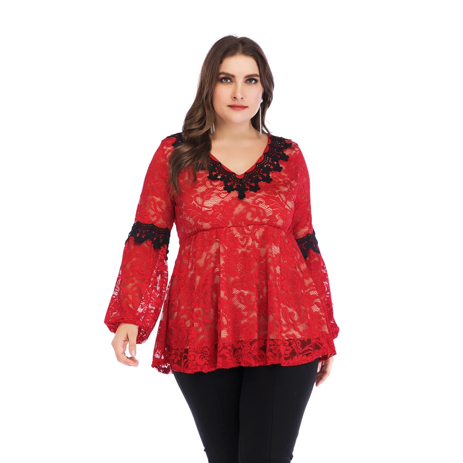 

Summer Women Plus Size 5XL Lace Blouse shirt Lace Casual Black Lace V Neck Tops Tee Flowy Long Sleeve Female Top Blouse