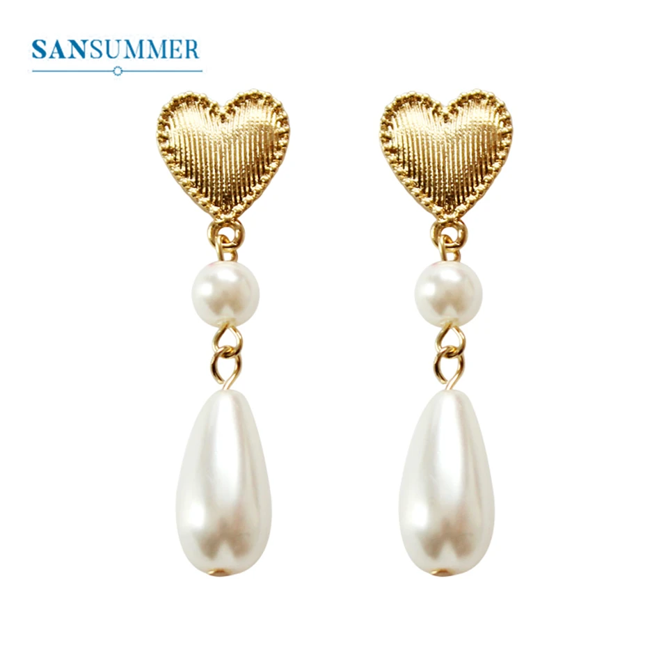 

SANSUMMER Earrings For Women Simple Temperament Three-Dimensional Pendant Earrings Stripe Metal Heart Drops Pearl Earrings 5276