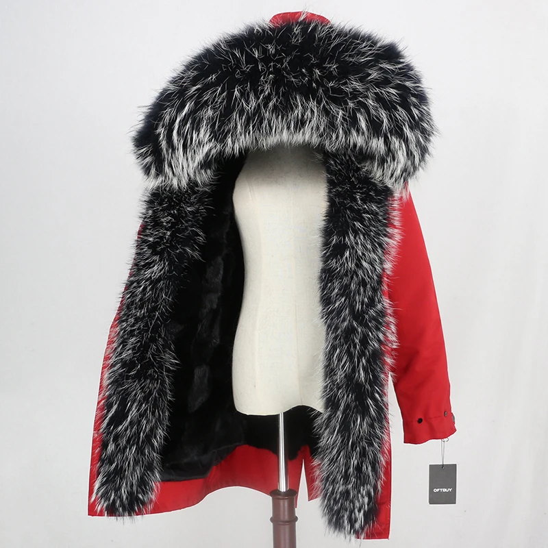 Пальто из натурального меха норки, брендовая Водонепроницаемая длинная парка, верхняя одежда, зимняя куртка для женщин, воротник из натурального меха енота, роскошная теплая уличная одежда - Цвет: red black black W