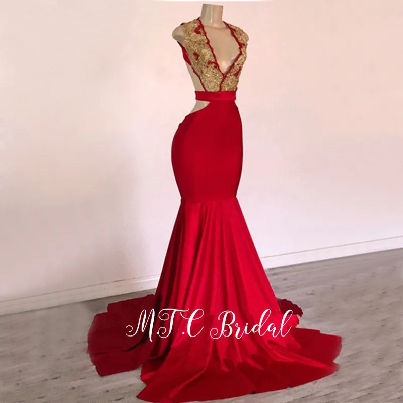 

Unique Red Mermaid Dress Evening Backless Gold Beaded Lace Sweep Train 2019 Long Elastic Satin Prom Gowns Vestido De Festa Cheap