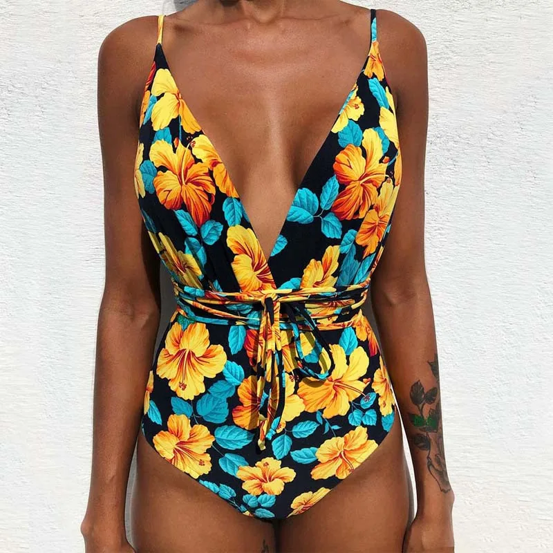 Sexy One Piece Swimsuit Female Deep V Backless Brazilian Monokini Swimwear Women Bathing Suit Swimming sunflower swimsuit