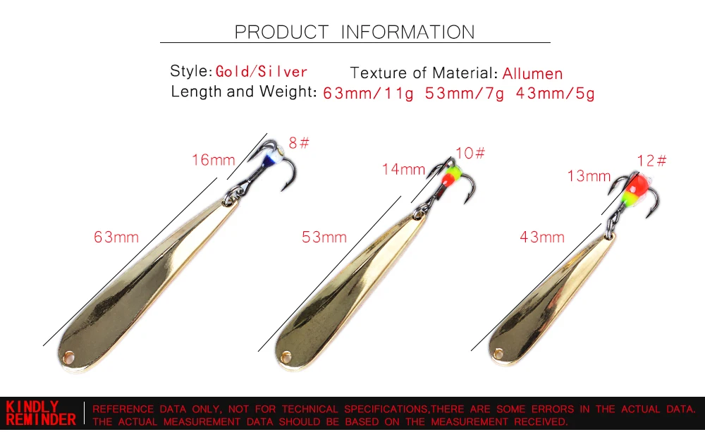 FTK ложка, приманка для подледной рыбалки, 5 г/7 г/11 г, 43 мм/53 мм/63 мм, металлическая приманка, Спиннер, наживка Тройной крюк, жесткие приманки