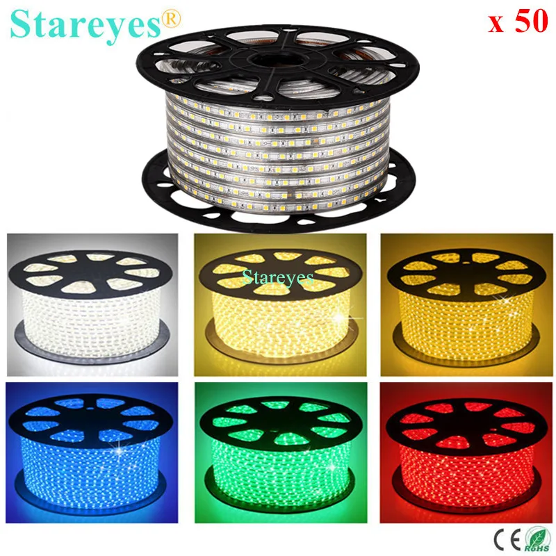 

Free shipping 50 Rolls 5000 Meters SMD 5050 8mm PCB 60LED/M AC220V Led Strip IP67 Waterproof Flexible Led tape RGB Light Ribbon