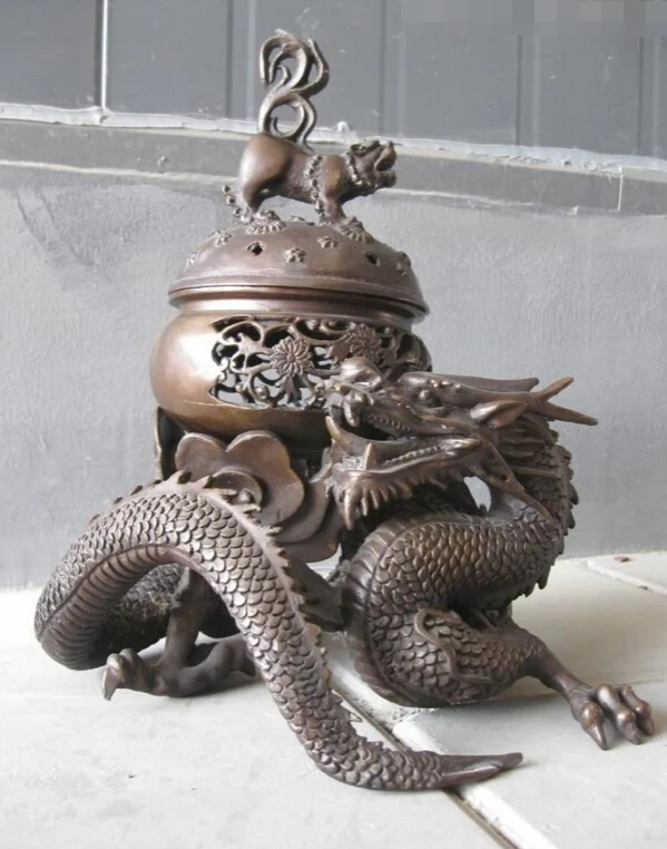 

shitou 001827 12" China pure Bronze nicely carved Dragon lion censer Incense Burner Statue discount 30% (C0324)