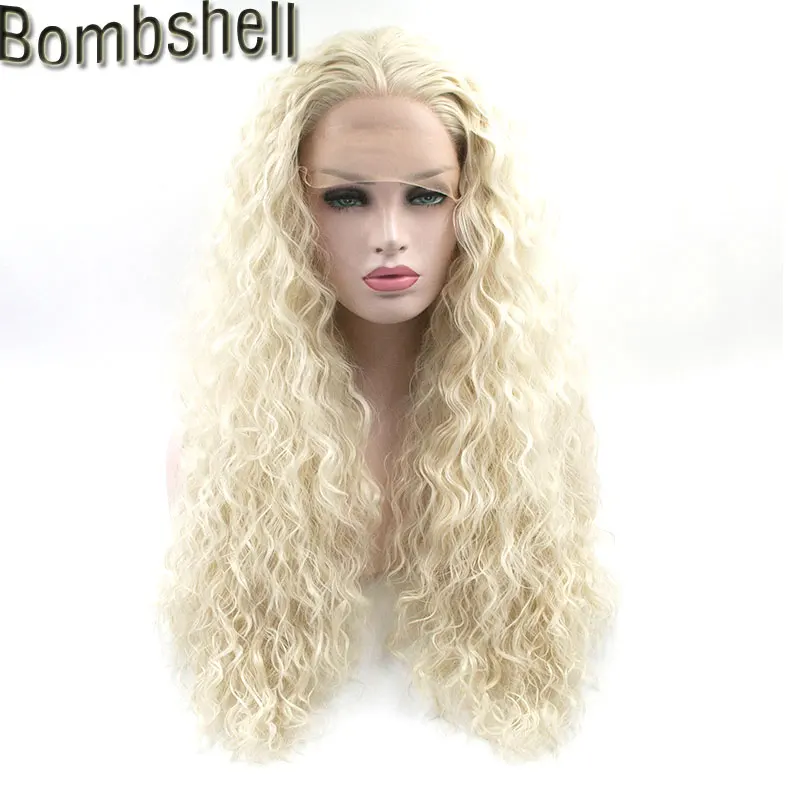 

Bombshell White Blonde Loose Curly Synthetic Lace Front Wig Glueless Heat Resistant Fiber Natural Hairline For White Women wigs