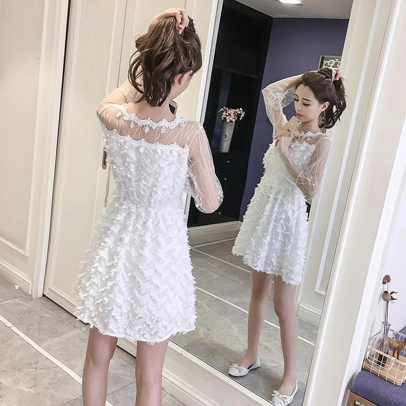 Online 2018 Musim Panas Wanita gaun Panjang Flare Lengan Patchwork Mesh Gaun Sifon Embun Bahu Pinggang Hati hati L0813 Putih Pink Hitam