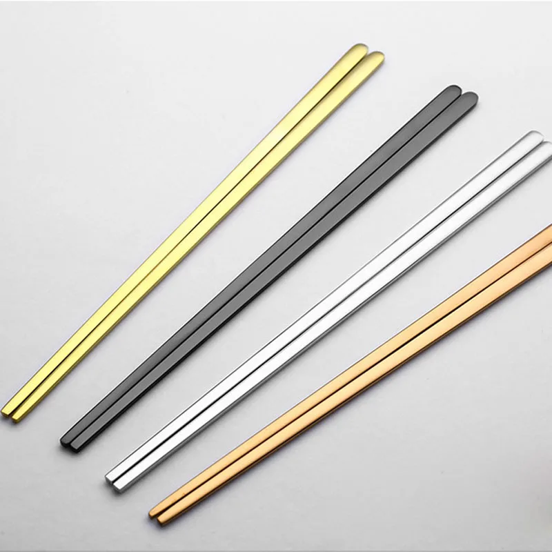 

1 Pair 304 Stainless Steel Titanium Plating Solid Flat Dinner Chopsticks Chinese Chop Sticks Portable Tableware Dinnerware