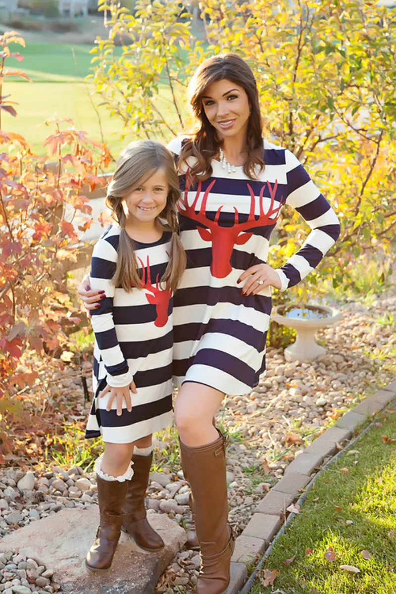 

Long Sleeve Striped Dress for Mum Daughter Family Matching Clothes Cartoon Girls Dresses Kids Parent Clothes Christmas Clothing
