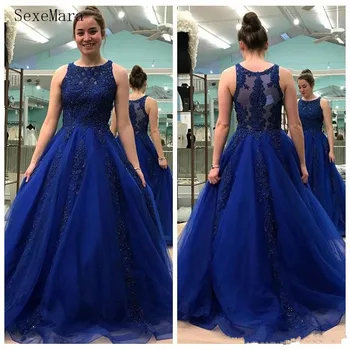 

Blue Tulle Prom Dress with Lace Appliques Crystals Beading Illusion Back Scoop Neck Sleeveless Custom Made Vestidos De Soriee