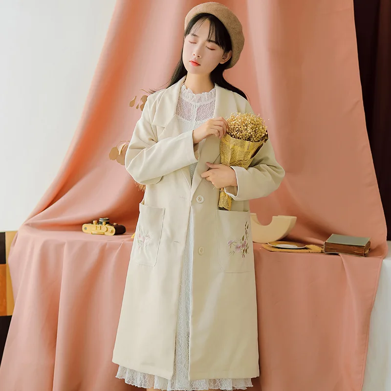 

Autumn Winter Literary retro embroidery coat Women's trench coat mori girl Solid color Pink