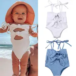 От 0 до 3 лет летние детские для маленьких девочек сплошной цельный Купальники с бантиком прочный комбинезон купальник купальный костюм