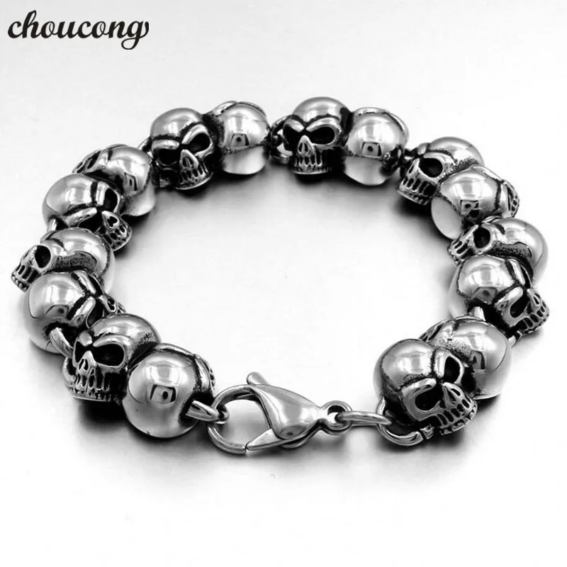 

choucong Real Titanium Steel Length 22cm Huge Heavy Solid Silver Men's Skeleton Skull bracelet Ghost bangle Biker Punk Jewerly