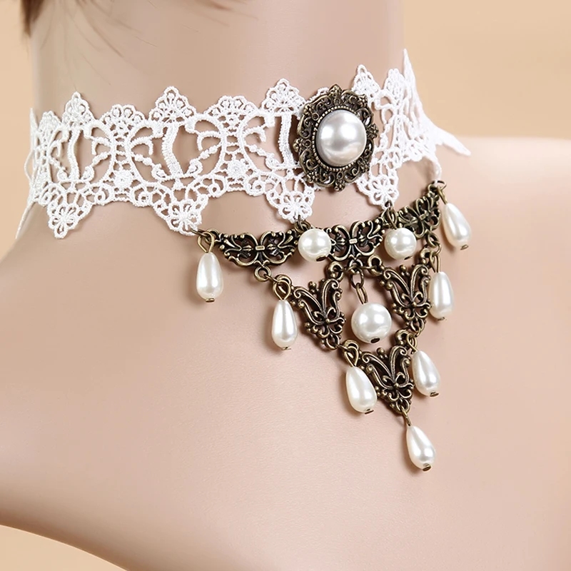 Simulated pearl Wedding Dress Necklaces White Lace Chokers Necklaces Vintage Fashion Jewelry