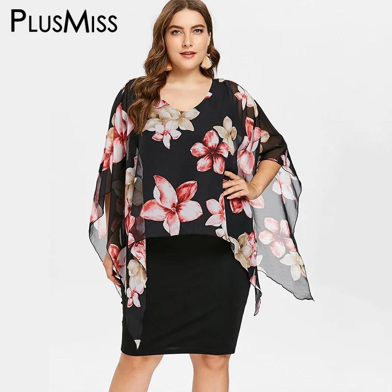 PlusMiss плюс Размеры 5XL цветочный Цветочный принт шифон накидка Sleve платье большой Размеры женские офисные работы по колено Платья для