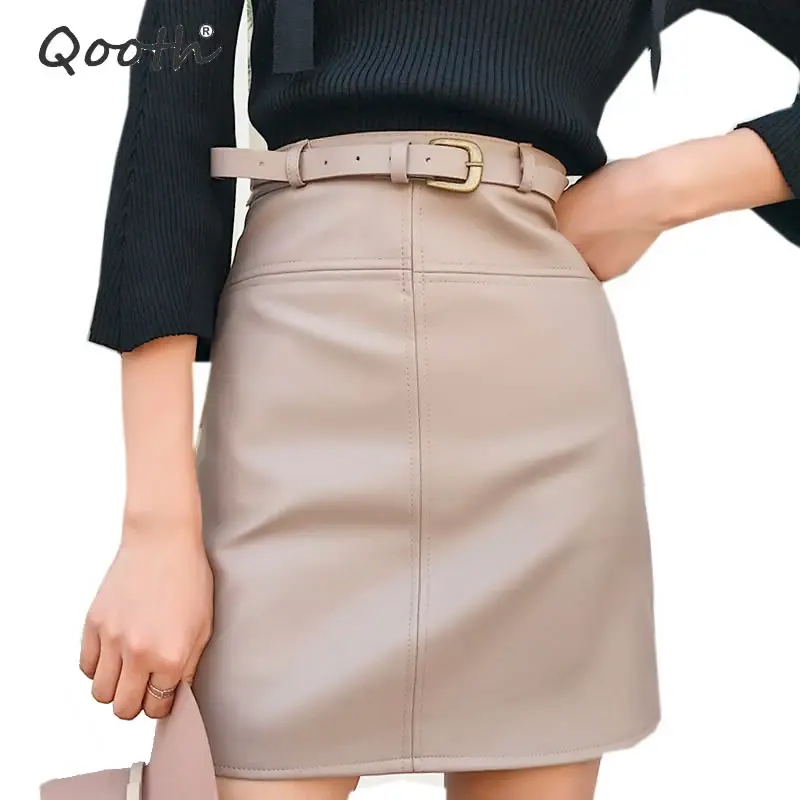 

Qooth Faux Leather Skirt 2018 New Autumn Winter Skirts for Women Elegant Zipper Back Mini Skirt Black Green Pencil Skirts QH984
