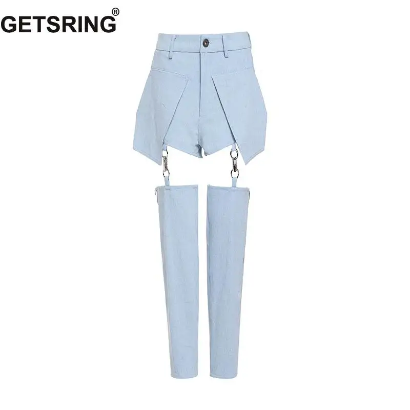 

GETSRING Women Jeans High Waisted Fake Two Denim Pants Detachable Sexy Jeans Woman Seven Points Denim Trousers Summer 2018 New