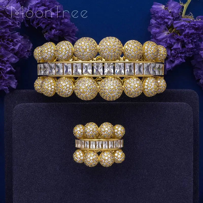 

MoonTree Luxury Ball Connected Full Mirco Paved Microl Zirconia Geometry Design Women Bracelet Bangle Ring Set Dress Jewelry Set