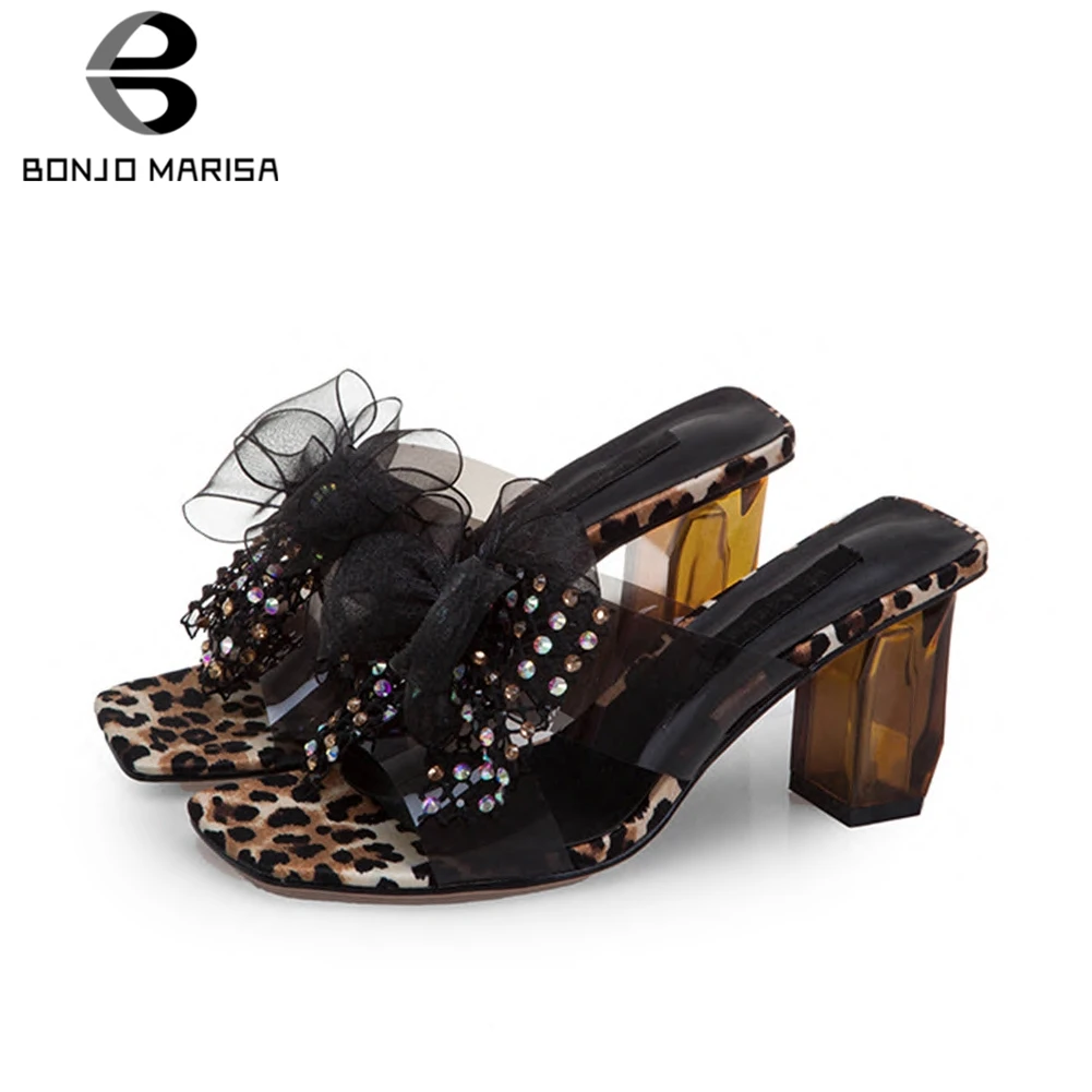 

BONJOMARISA 2019 Mature Leopard Flower Mules Shoes Women Summer High Heels Genuine Leather Shoes Slippers Women Size 35.5-40
