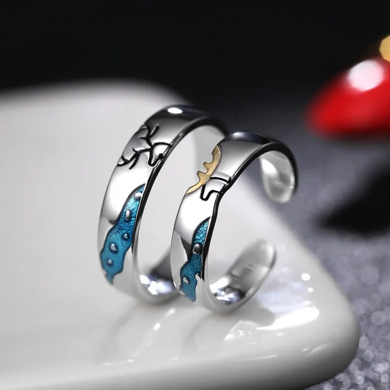 

Silvology 925 Sterling Silver Elk Antlers Couple Rings Enamel Elegant Romantic Lovers Rings 2019 Festival Birthday Jewelry Gift