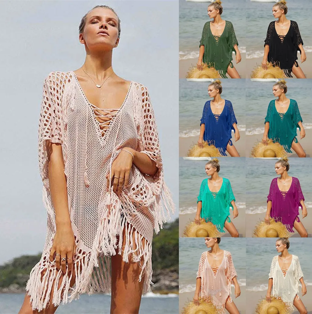 

7 Colors Women Solid Crochet Sunscreen Cover Up Bikini Set Swimwear Knit Beach Swimsuit Bandage Bathing Suit Bikini 2019 Mujer