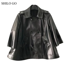 Шило GO кожаная куртка Женская Весенняя мода Овчина натуральная кожа пальто воротник с лацканами двубортный расклешенный рукав линия