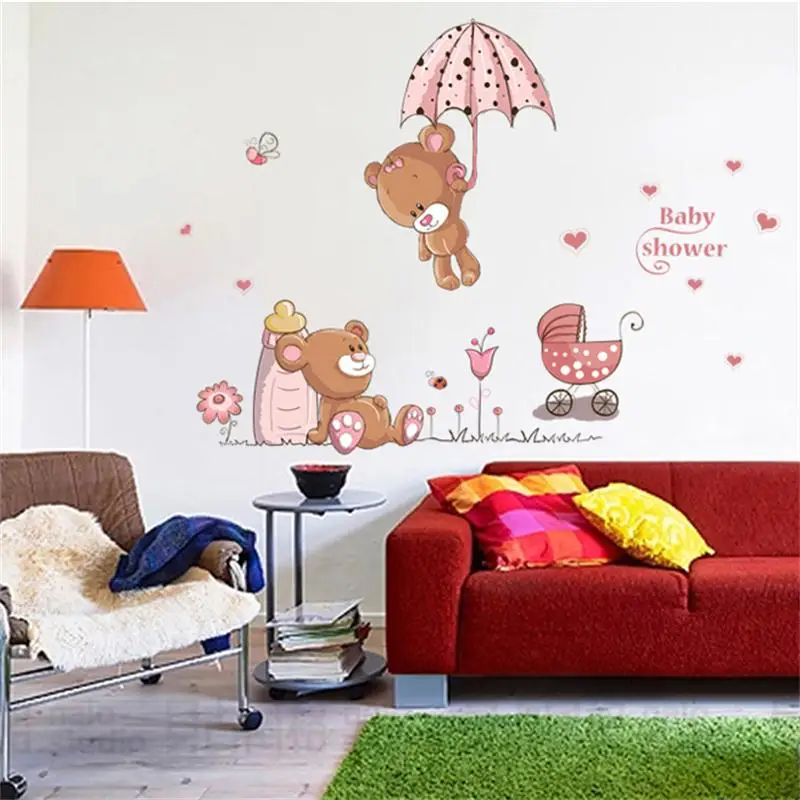 Cute Couple Bears Umbrella Wall Stickers For Kids Rooms Wall Decal Art Children Bedroom Decor Nursery baby shower gift