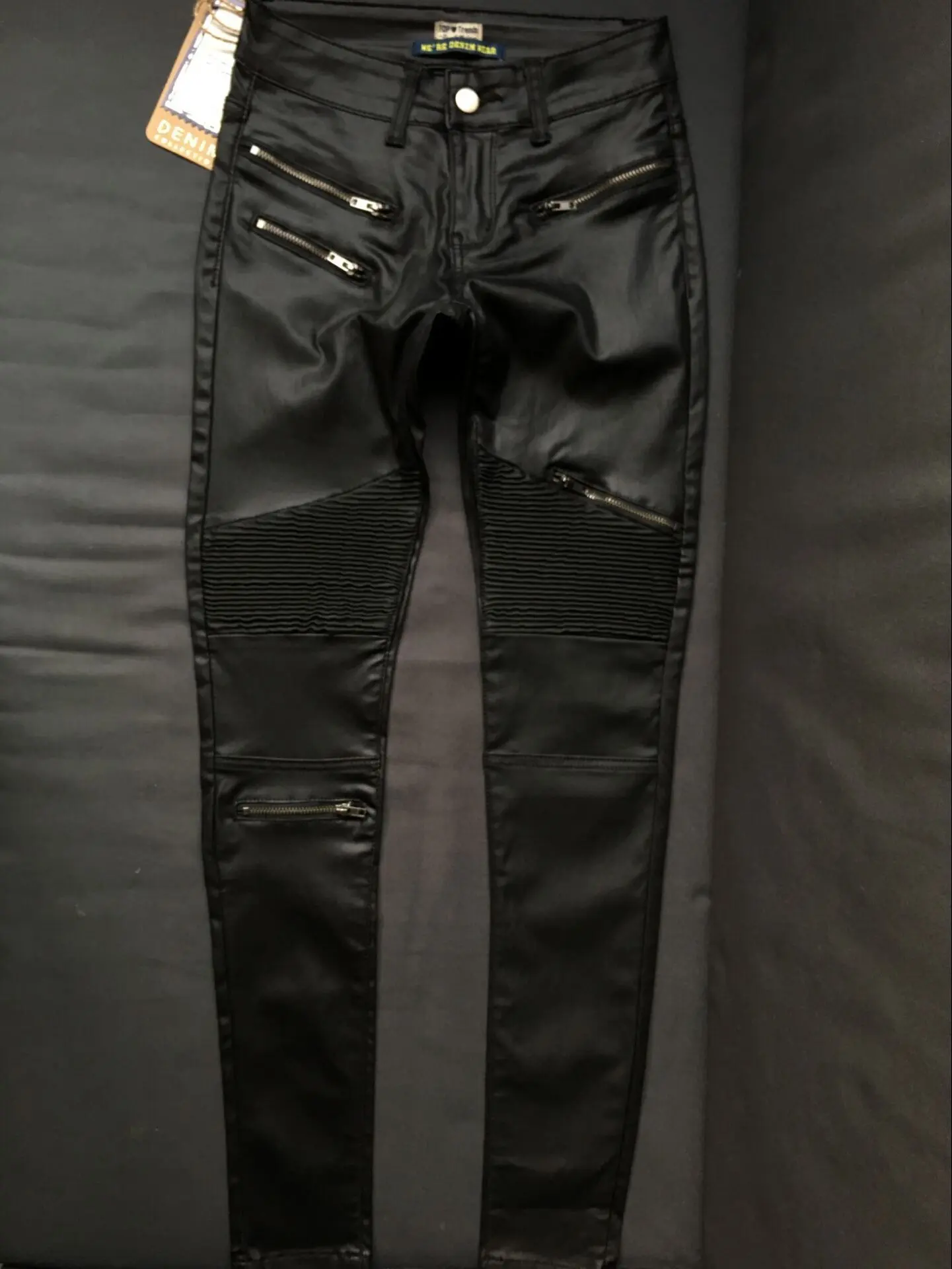 Europe America Moto Birker PU Jeans Women Fashion Zipper Low Waist Push Up Sexy Leather Trousers White Skinny Pencil Pants Mujer blue jeans
