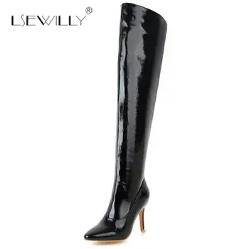 

Lsewilly autumn winter black long boots women extreme high heel over-the-knee high boots shiny PU leather thigh high boot E236