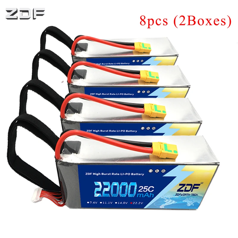 8 шт.(2 коробки) ZDF 6S 22,2 V LiPo аккумулятор 22000mAh 25C с разъемом XT90/AS150/XT150/XT90-S для беспилотного дрона