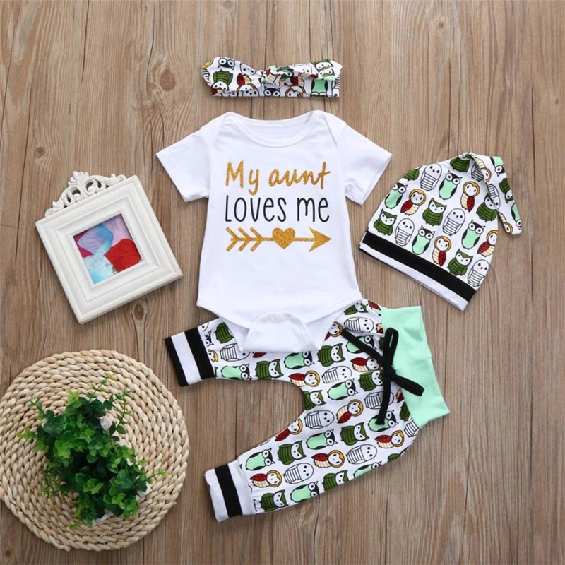  Drop shipping 2018 NEW  4Pcs Infant Baby Boys Girls Letter Print Rompers Jumpsuit Pants Hat Outfits Set                O0612#301