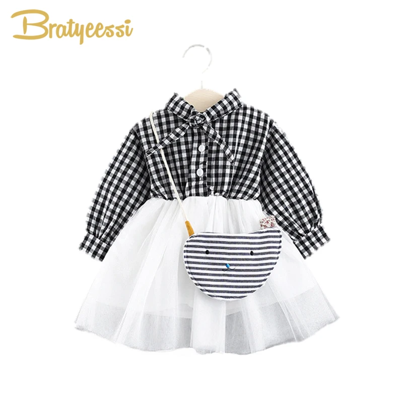 

New Long Sleeve Baby Girl Dress with Bag Tulle Cotton Plaid Infant Dress for Girls Bow A-Line Autumn Dresses Baby Girl Clothes