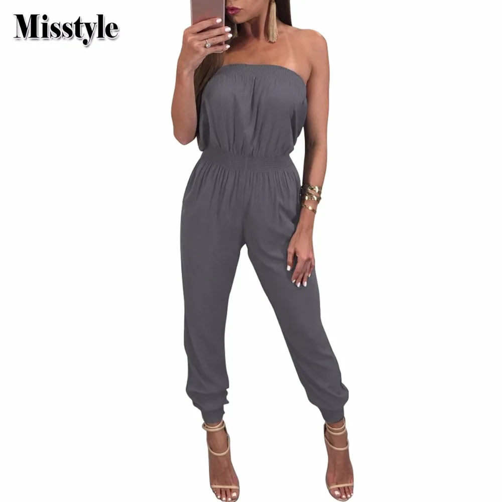 Misstyle Strapless Elastic Waist Jumpsuit Casual Women Solid Loose Fold