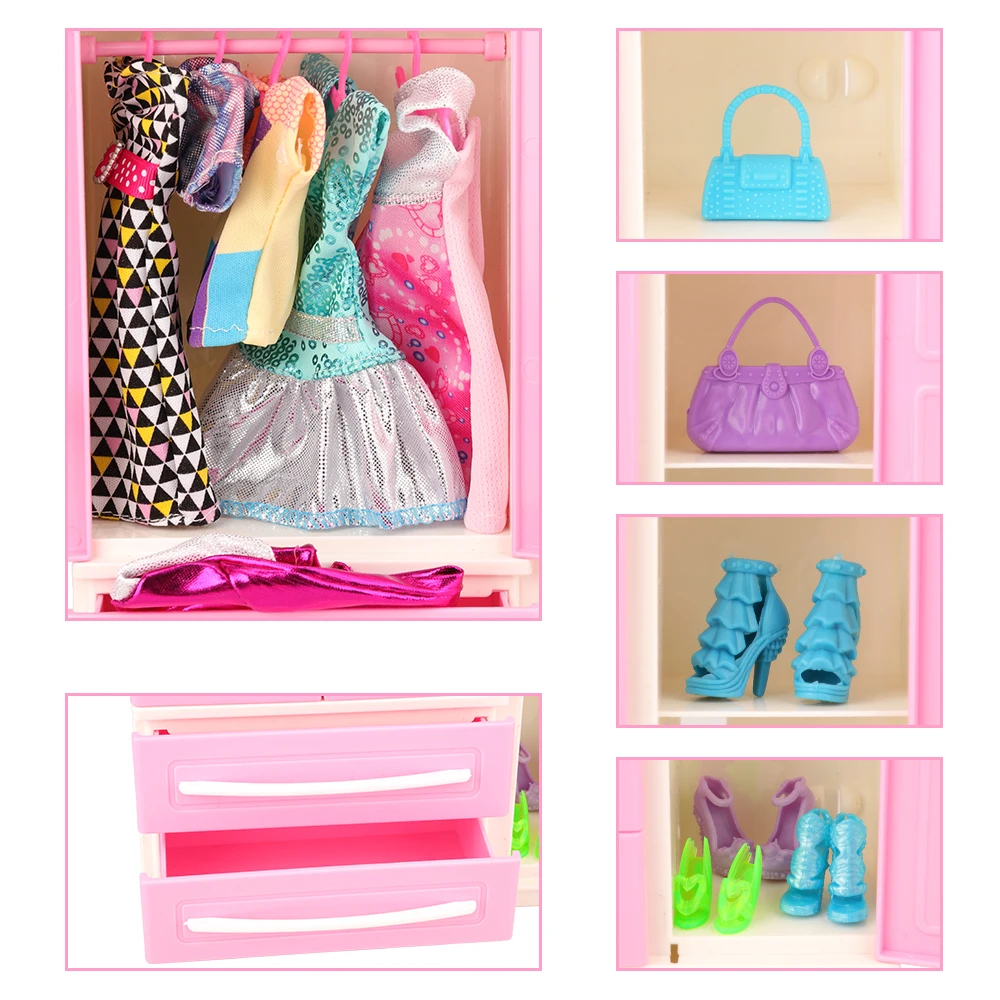 36 Items =1 X Wardrobe +5 X Dresses +10 Bags +10 Shoes +10 Hangers Dollhouse Accessories For Barbie Dolls 1/12 Chinese Furniture