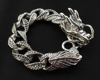 

Chinese Tibet silver carved dragon Men bracelet A pair