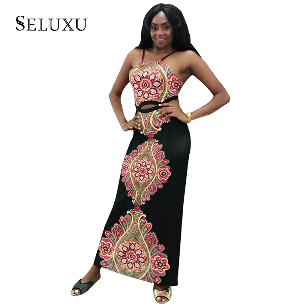 

Seluxu 2019 Women Dress Hollow Sling Ethnic Print Maxi Dress Sleeveless Women Dress Stpaghetti Strap Dress African Style Dress